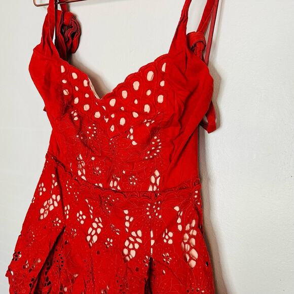 THREE FLOOR Damsel Sweetheart Burnt Orange Overlay Tie Shoulder Eyelet Dress 6 - Picture 8 of 13